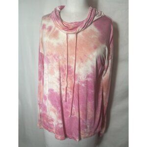 Hem‎ & Thread Pink/Orange Long Sl, Lightweight Knit top Womens Sz Med-drawstring